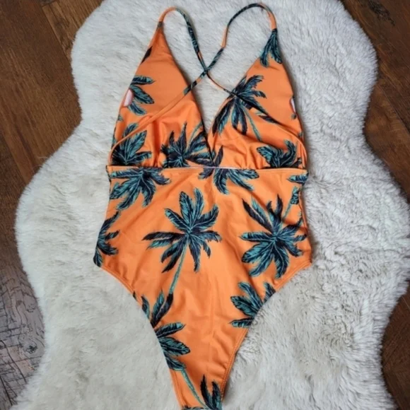 New Sexy Orange Palm Tree Print Multi Wrap One-piece Swimsuit Size L - Picture 5 of 5